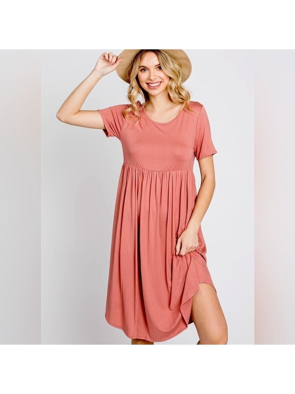 BomBom Dusty Pink Babydoll Round Hem Short Sleeve Knee Length Dress, size M